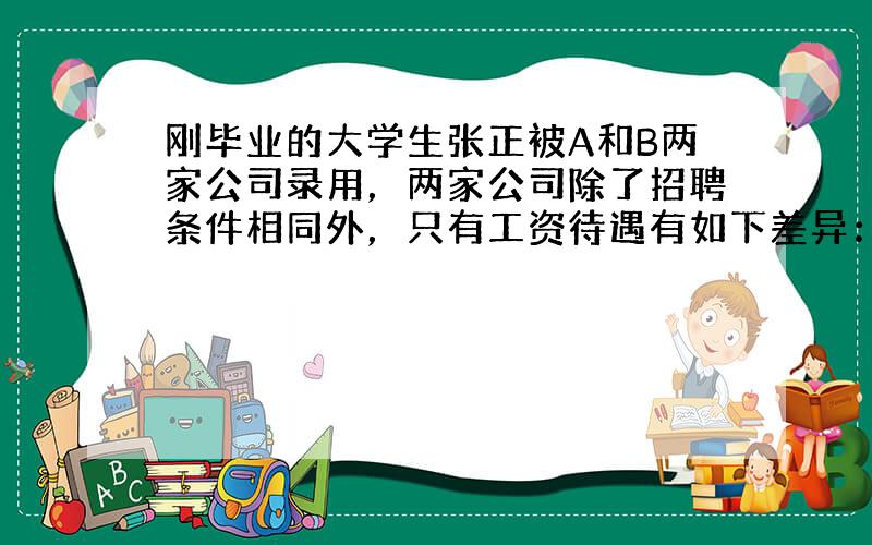 刚毕业的大学生张正被A和B两家公司录用，两家公司除了招聘条件相同外，只有工资待遇有如下差异：A公司年薪10000元，每年