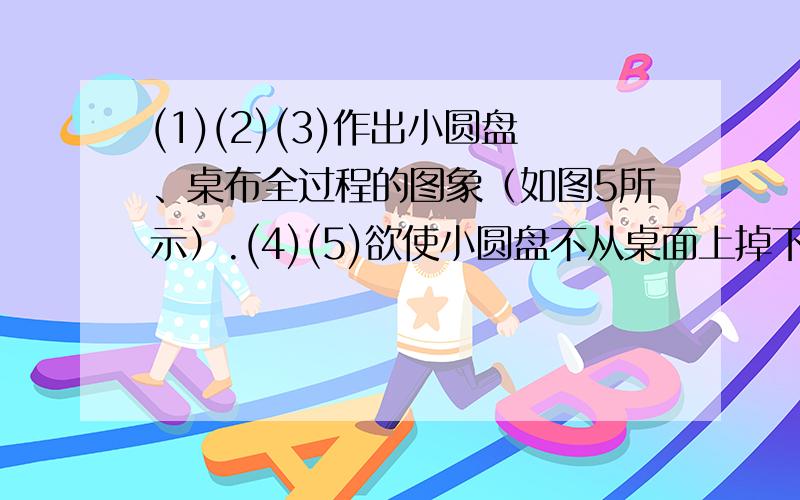 (1)(2)(3)作出小圆盘、桌布全过程的图象（如图5所示）.(4)(5)欲使小圆盘不从桌面上掉下,则