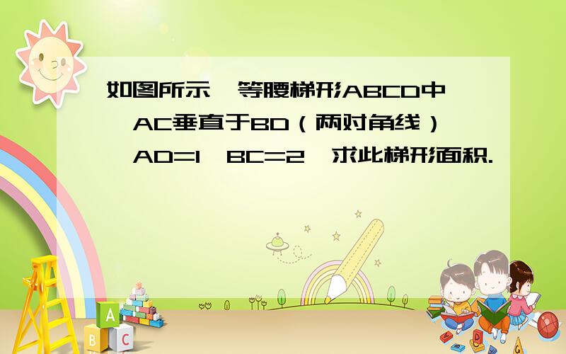 如图所示,等腰梯形ABCD中,AC垂直于BD（两对角线）,AD=1,BC=2,求此梯形面积.