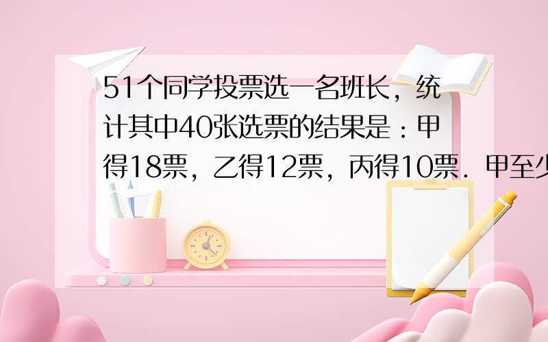 51个同学投票选一名班长，统计其中40张选票的结果是：甲得18票，乙得12票，丙得10票．甲至少再得______张票，才