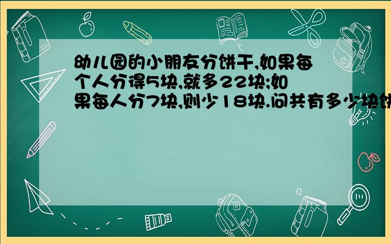 幼儿园的小朋友分饼干,如果每个人分得5块,就多22块;如果每人分7块,则少18块.问共有多少块饼干?