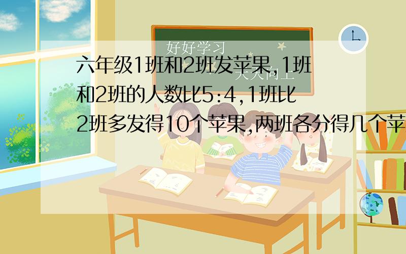 六年级1班和2班发苹果,1班和2班的人数比5:4,1班比2班多发得10个苹果,两班各分得几个苹果?