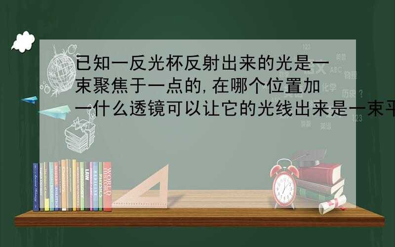 已知一反光杯反射出来的光是一束聚焦于一点的,在哪个位置加一什么透镜可以让它的光线出来是一束平行光,