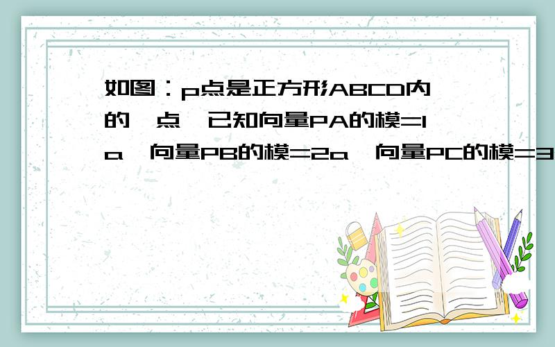 如图：p点是正方形ABCD内的一点,已知向量PA的模=1a,向量PB的模=2a,向量PC的模=3a,求角〈APB的度数.