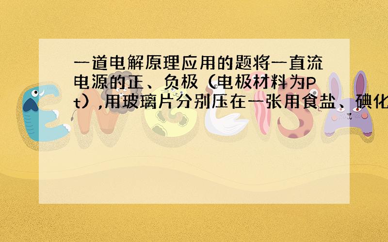 一道电解原理应用的题将一直流电源的正、负极（电极材料为Pt）,用玻璃片分别压在一张用食盐、碘化钾、淀粉溶液和石蕊试液浸愉