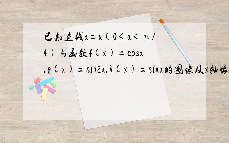 已知直线x=a(0＜a＜π/4)与函数f(x)=cosx,g(x)=sin2x,h(x)=sinx的图像及x轴依次交于点