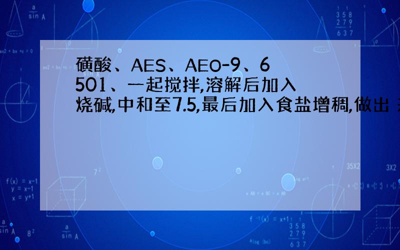 磺酸、AES、AEO-9、6501、一起搅拌,溶解后加入烧碱,中和至7.5,最后加入食盐增稠,做出 来不够稠,泡沫也不是