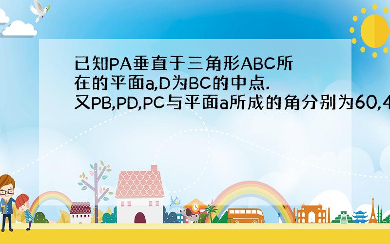 已知PA垂直于三角形ABC所在的平面a,D为BC的中点.又PB,PD,PC与平面a所成的角分别为60,45,30,且BC