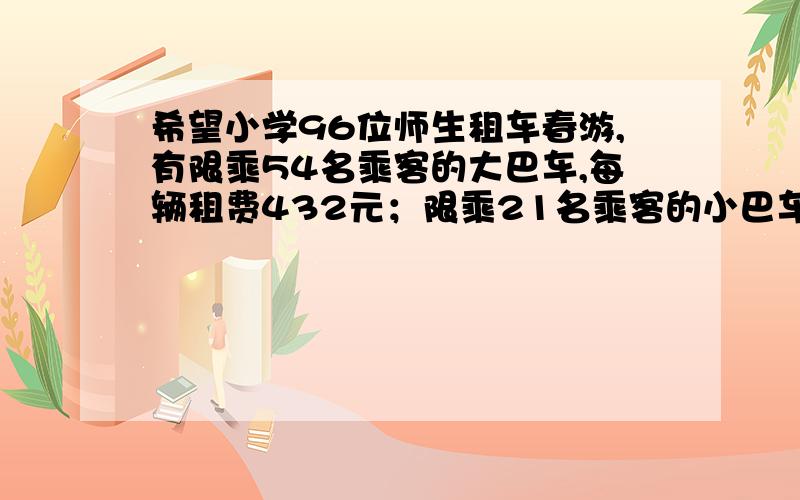 希望小学96位师生租车春游,有限乘54名乘客的大巴车,每辆租费432元；限乘21名乘客的小巴车,