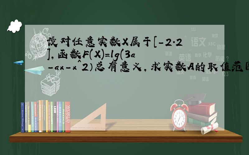 设对任意实数X属于[-2.2],函数F(X)=lg(3a-ax-x^2）总有意义,求实数A的取值范围