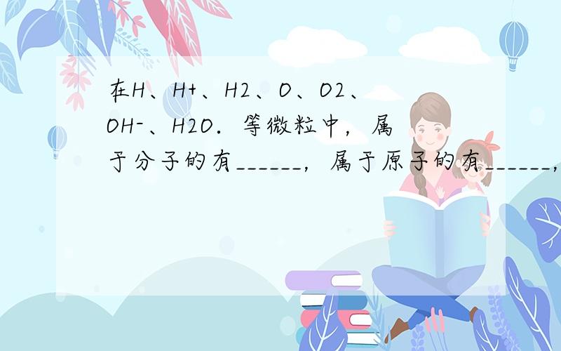 在H、H+、H2、O、O2、OH-、H2O．等微粒中，属于分子的有______，属于原子的有______，属于离子的有_