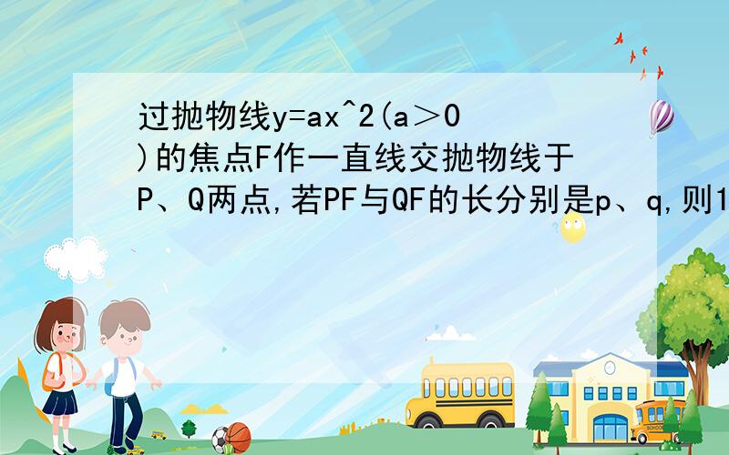 过抛物线y=ax^2(a＞0)的焦点F作一直线交抛物线于P、Q两点,若PF与QF的长分别是p、q,则1/p+1/q等于