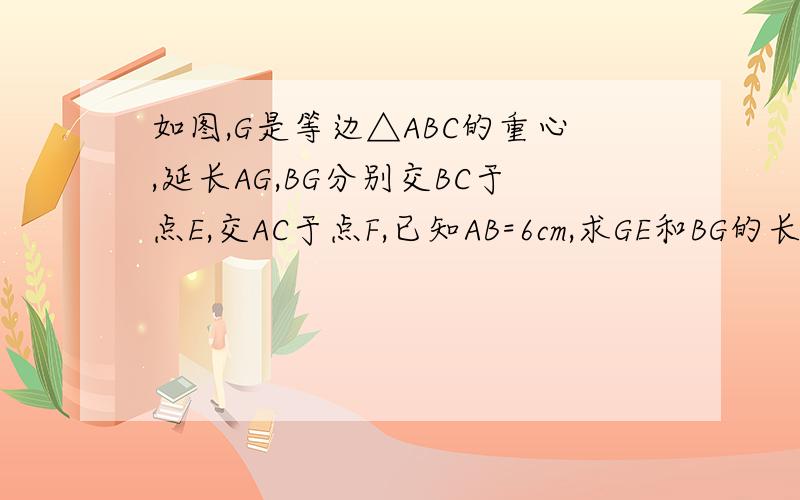 如图,G是等边△ABC的重心,延长AG,BG分别交BC于点E,交AC于点F,已知AB=6cm,求GE和BG的长.