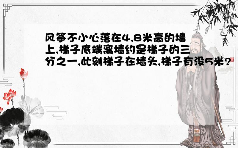 风筝不小心落在4,8米高的墙上,梯子底端离墙约是梯子的三分之一,此刻梯子在墙头,梯子有没5米?