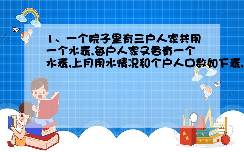 1、一个院子里有三户人家共用一个水表,每户人家又各有一个水表,上月用水情况和个户人口数如下表,已知本月共收费90元,怎样