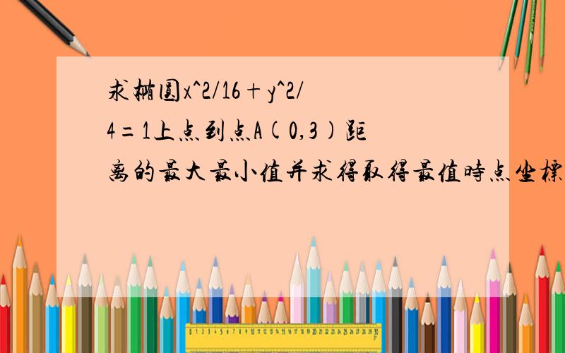 求椭圆x^2/16+y^2/4=1上点到点A(0,3)距离的最大最小值并求得取得最值时点坐标