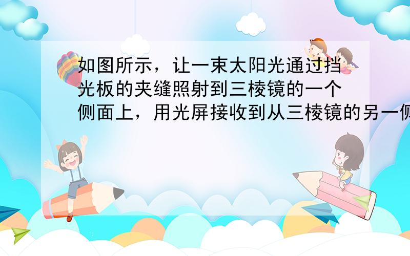 如图所示，让一束太阳光通过挡光板的夹缝照射到三棱镜的一个侧面上，用光屏接收到从三棱镜的另一侧出射的光线。