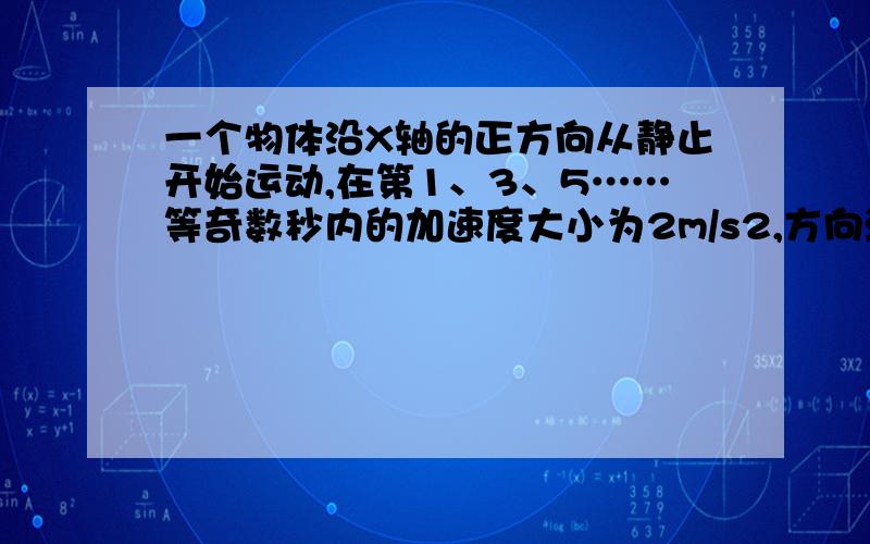 一个物体沿X轴的正方向从静止开始运动,在第1、3、5……等奇数秒内的加速度大小为2m/s2,方向沿X轴正方向,在第2、4