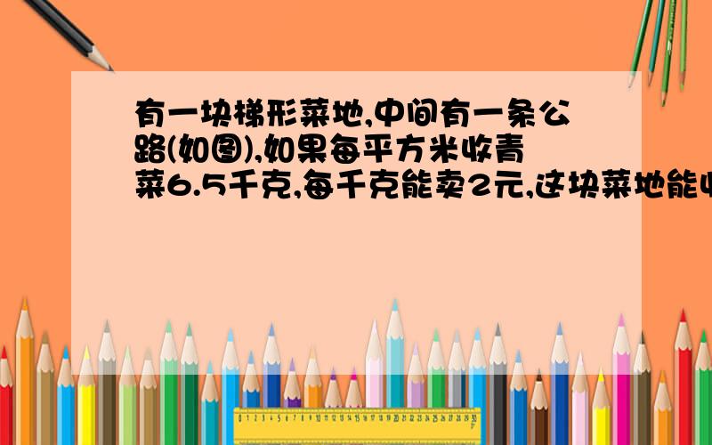 有一块梯形菜地,中间有一条公路(如图),如果每平方米收青菜6.5千克,每千克能卖2元,这块菜地能收入多少元?