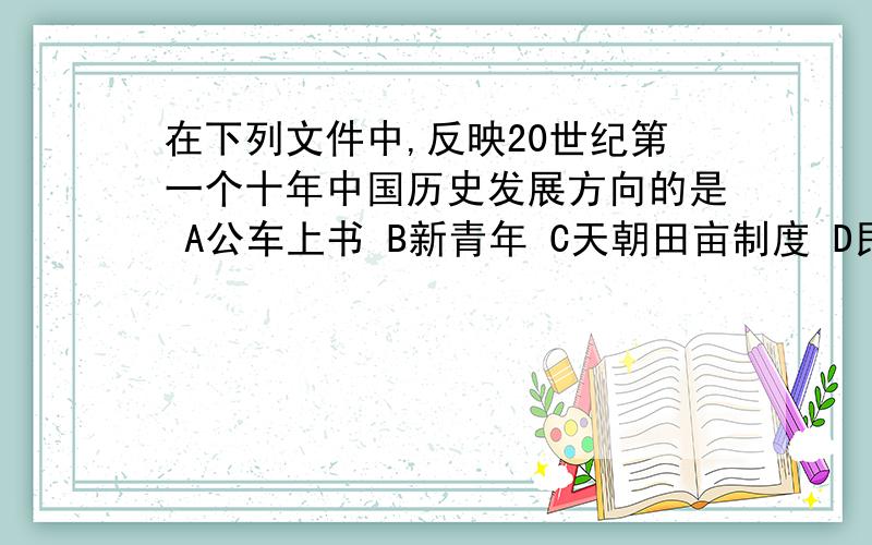 在下列文件中,反映20世纪第一个十年中国历史发展方向的是 A公车上书 B新青年 C天朝田亩制度 D民报