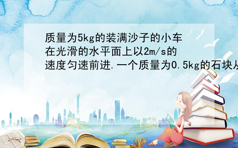 质量为5kg的装满沙子的小车在光滑的水平面上以2m/s的速度匀速前进.一个质量为0.5kg的石块从距沙子表面2.5m处自