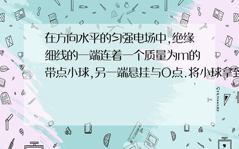 在方向水平的匀强电场中,绝缘细线的一端连着一个质量为m的带点小球,另一端悬挂与O点.将小球拿到A点（此时细线与电场方向平