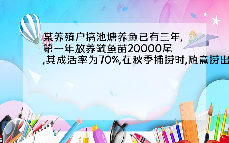 某养殖户搞池塘养鱼已有三年,第一年放养鲢鱼苗20000尾,其成活率为70%,在秋季捕捞时,随意捞出10尾鱼,