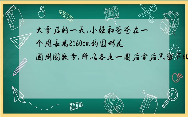 大雪后的一天,小强和爸爸在一个周长为2160cm的圆形花圃周围散步,所以各走一圈后雪后只留下60个脚印.