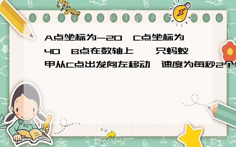 A点坐标为-20,C点坐标为40,B点在数轴上,一只蚂蚁甲从C点出发向左移动,速度为每秒2个单位长度.