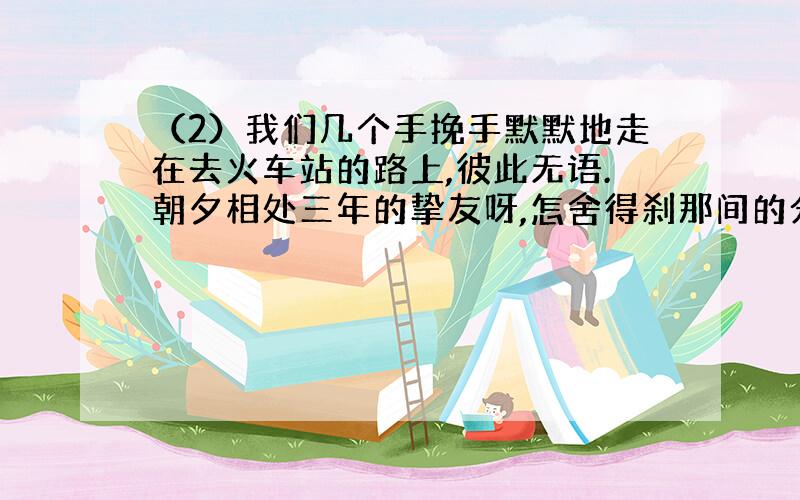 （2）我们几个手挽手默默地走在去火车站的路上,彼此无语.朝夕相处三年的挚友呀,怎舍得刹那间的分离.“＿＿＿＿＿＿＿＿＿＿