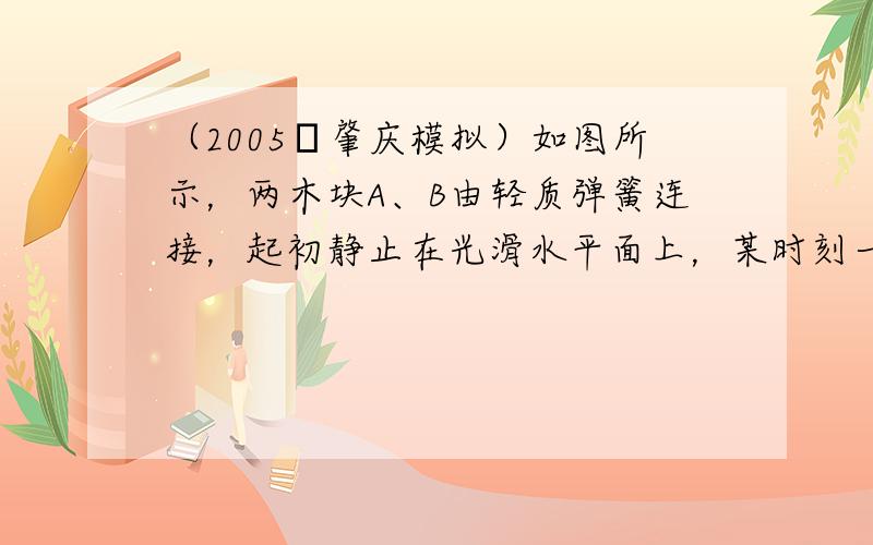 （2005•肇庆模拟）如图所示，两木块A、B由轻质弹簧连接，起初静止在光滑水平面上，某时刻一粒子弹以水平速度v0击中木块