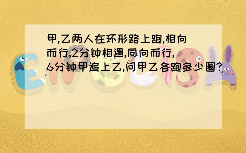 甲,乙两人在环形路上跑,相向而行,2分钟相遇,同向而行,6分钟甲追上乙,问甲乙各跑多少圈?