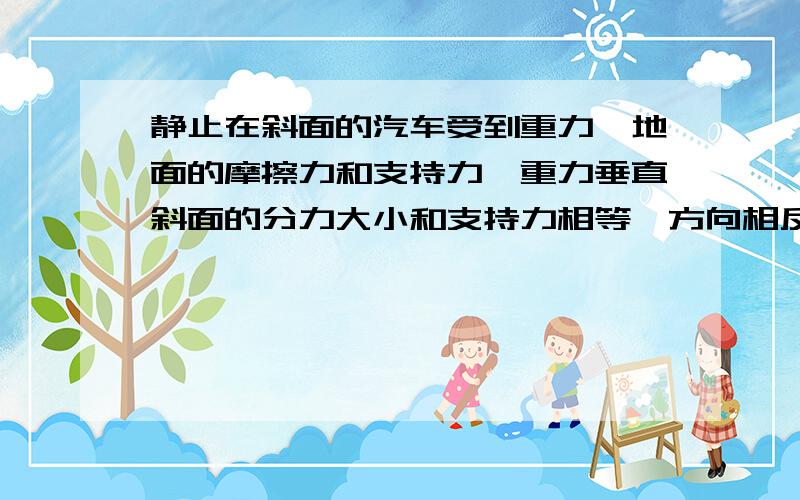 静止在斜面的汽车受到重力,地面的摩擦力和支持力,重力垂直斜面的分力大小和支持力相等,方向相反,