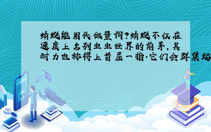 蜻蜓能用头做量词?蜻蜓不仅在速度上名列虫虫世界的前茅,其耐力也称得上首屈一指.它们会群集起来进行大规模的远征,可跨海越洋