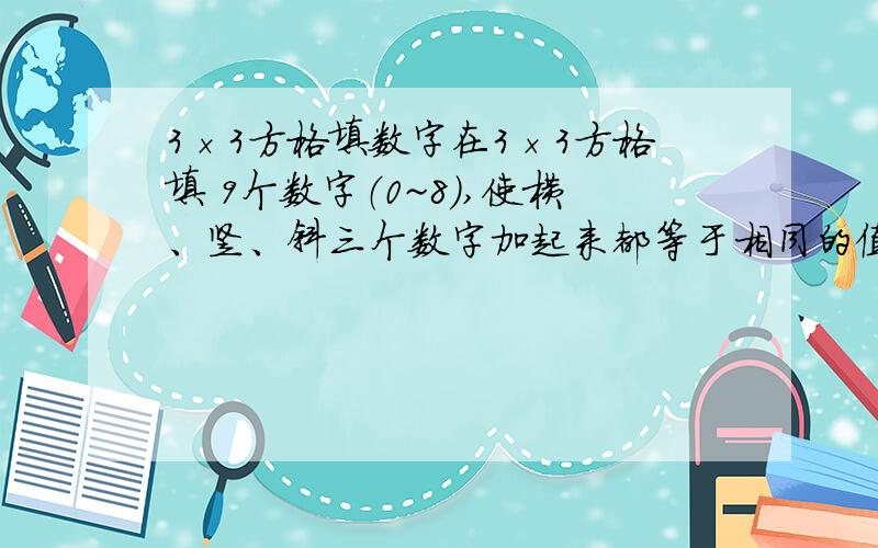 3×3方格填数字在3×3方格填 9个数字（0~8）,使横、竖、斜三个数字加起来都等于相同的值请说明这题的解法或思路,空想