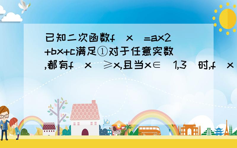 已知二次函数f（x）=ax2+bx+c满足①对于任意实数,都有f（x）≥x,且当x∈（1,3）时,f（x）≤（x+2..