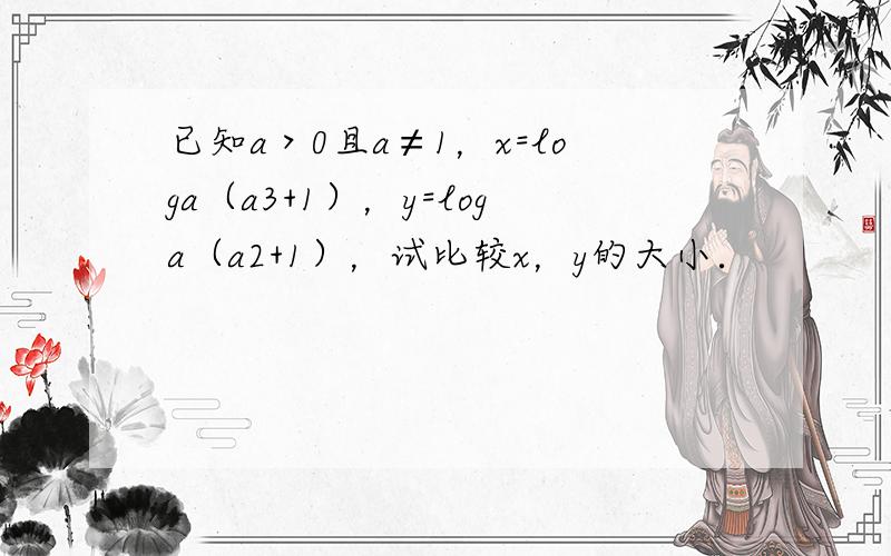 已知a＞0且a≠1，x=loga（a3+1），y=loga（a2+1），试比较x，y的大小．