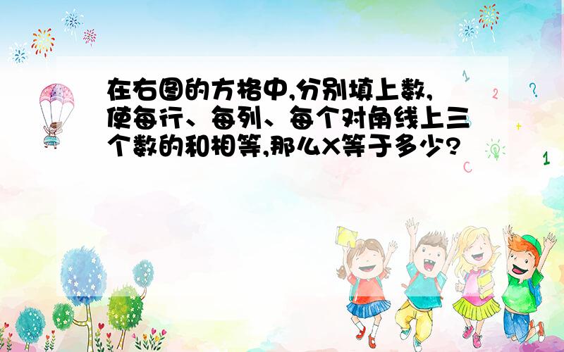 在右图的方格中,分别填上数,使每行、每列、每个对角线上三个数的和相等,那么X等于多少?