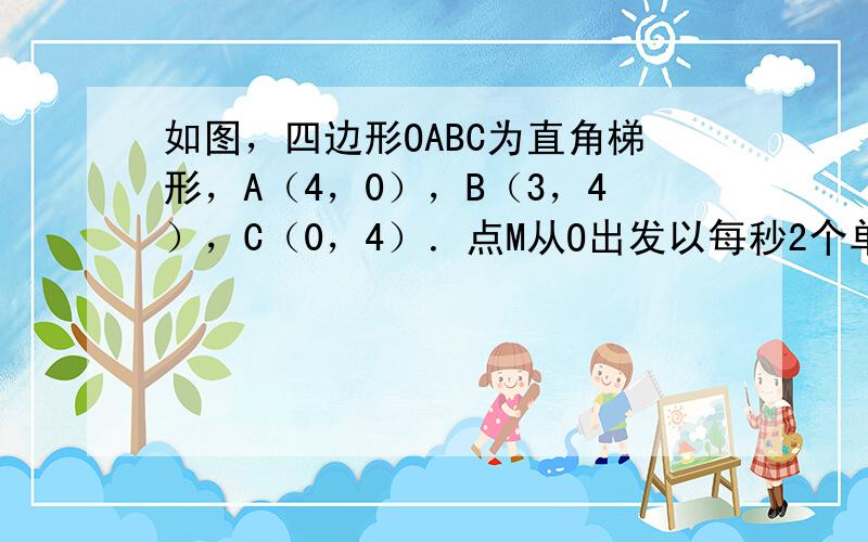 如图，四边形OABC为直角梯形，A（4，0），B（3，4），C（0，4）．点M从O出发以每秒2个单位长度的速度向A运动；