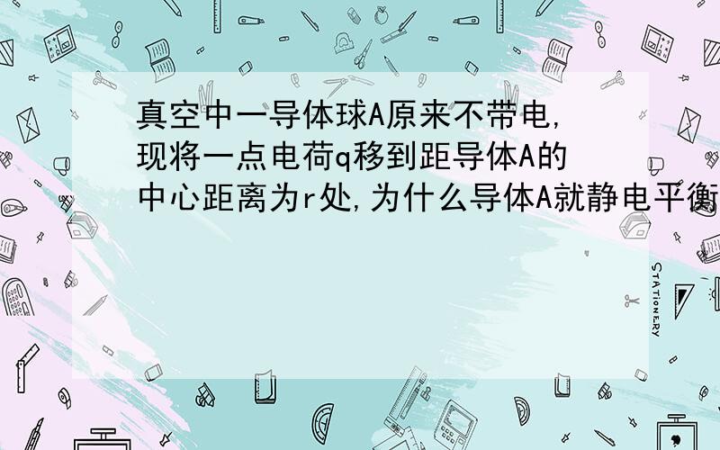 真空中一导体球A原来不带电,现将一点电荷q移到距导体A的中心距离为r处,为什么导体A就静电平衡了!而不是靠近q端静电感应