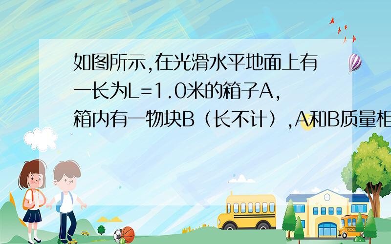 如图所示,在光滑水平地面上有一长为L=1.0米的箱子A,箱内有一物块B（长不计）,A和B质量相等.初始时箱A静止,物块B