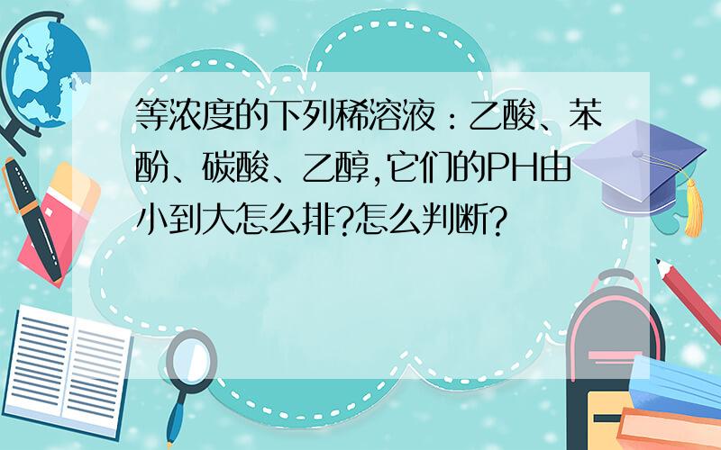 等浓度的下列稀溶液：乙酸、苯酚、碳酸、乙醇,它们的PH由小到大怎么排?怎么判断?