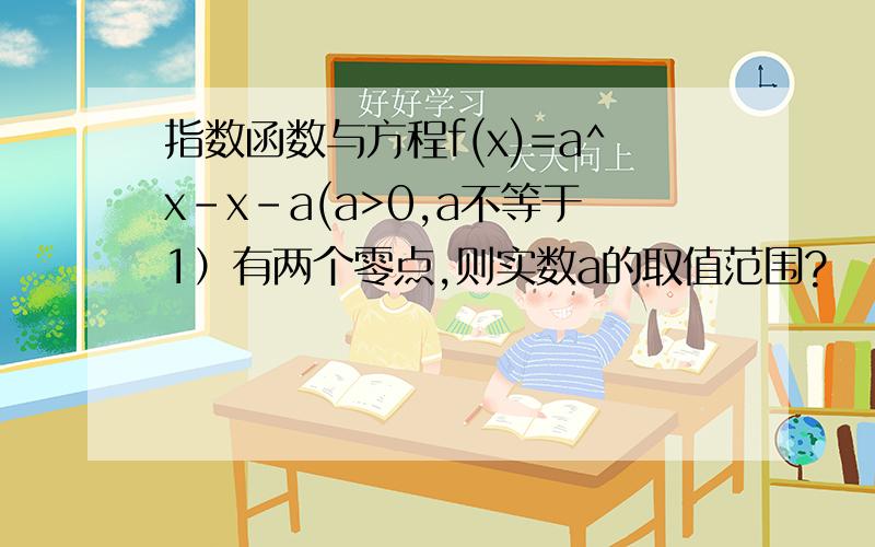 指数函数与方程f(x)=a^x-x-a(a>0,a不等于1）有两个零点,则实数a的取值范围?