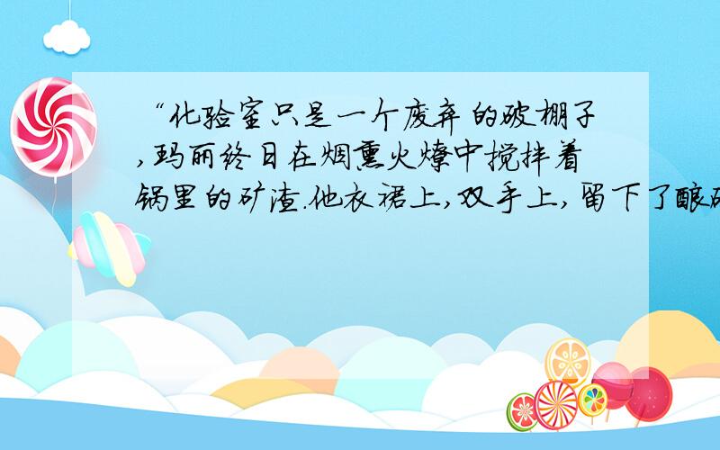 “化验室只是一个废弃的破棚子,玛丽终日在烟熏火燎中搅拌着锅里的矿渣.他衣裙上,双手上,留下了酸碱