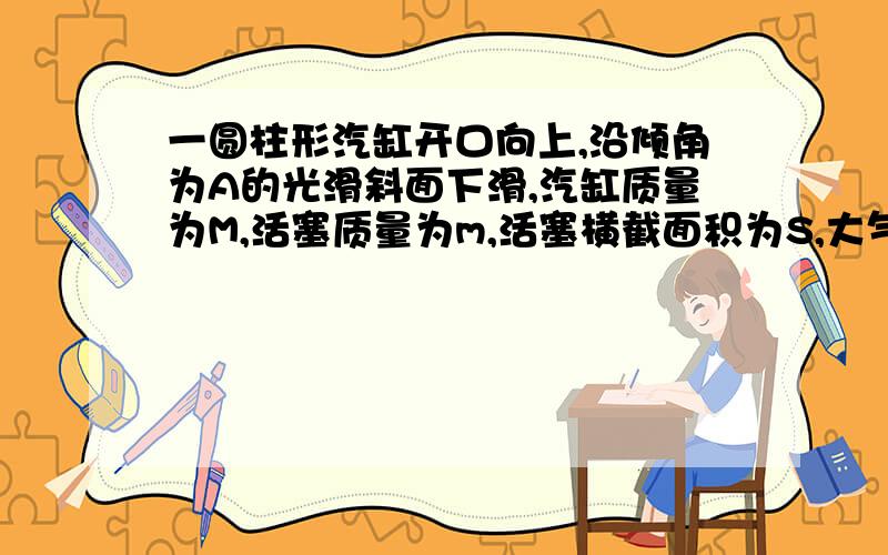 一圆柱形汽缸开口向上,沿倾角为A的光滑斜面下滑,汽缸质量为M,活塞质量为m,活塞横截面积为S,大气压为p0,则被封闭的气