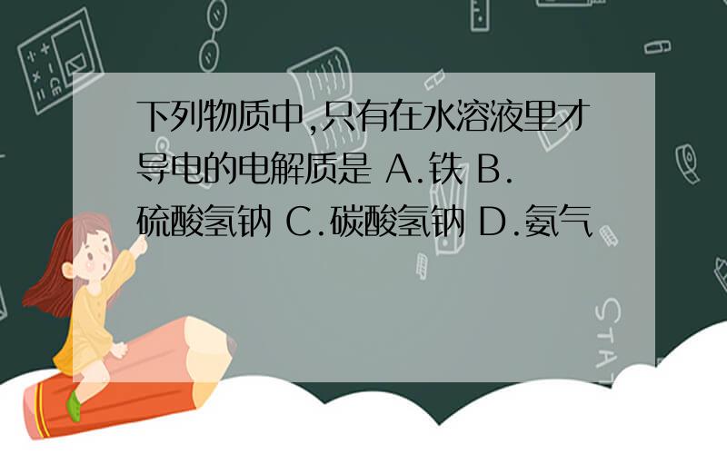 下列物质中,只有在水溶液里才导电的电解质是 A.铁 B.硫酸氢钠 C.碳酸氢钠 D.氨气