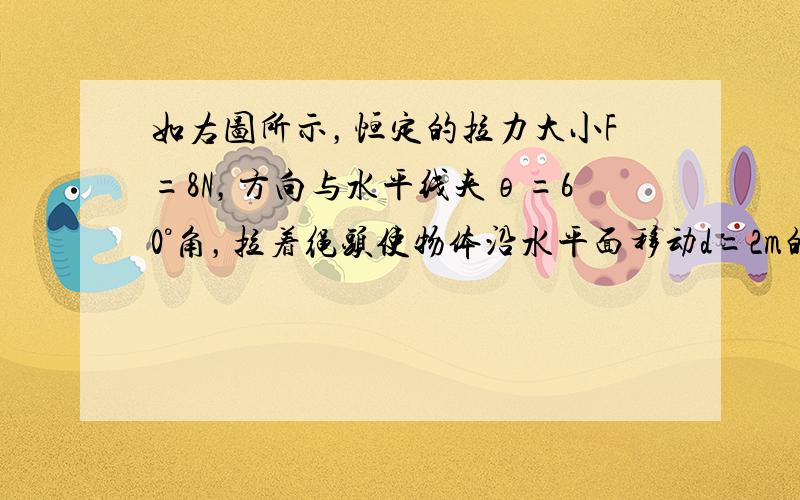 如右图所示，恒定的拉力大小F=8N，方向与水平线夹θ=60°角，拉着绳头使物体沿水平面移动d=2m的过程中，拉力做了多少