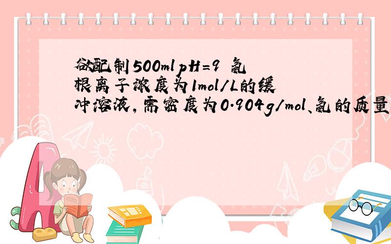 欲配制500mlpH=9 氨根离子浓度为1mol/L的缓冲溶液,需密度为0.904g/mol、氨的质量分数为26%的浓氨