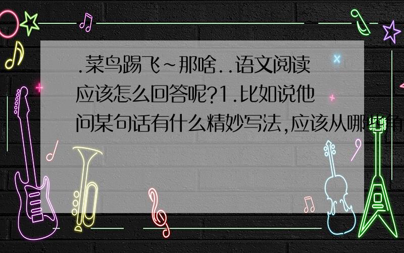 .菜鸟踢飞~那啥..语文阅读应该怎么回答呢?1.比如说他问某句话有什么精妙写法,应该从哪些角度说,还有诸如此类的问题,（