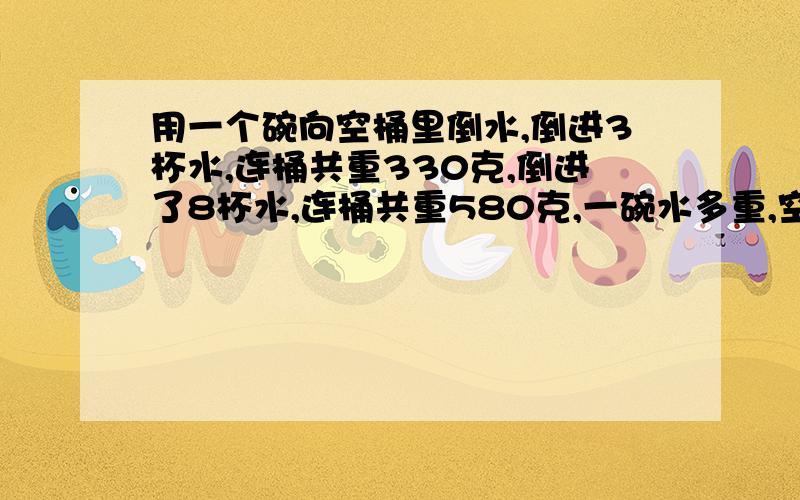 用一个碗向空桶里倒水,倒进3杯水,连桶共重330克,倒进了8杯水,连桶共重580克,一碗水多重,空桶多重?